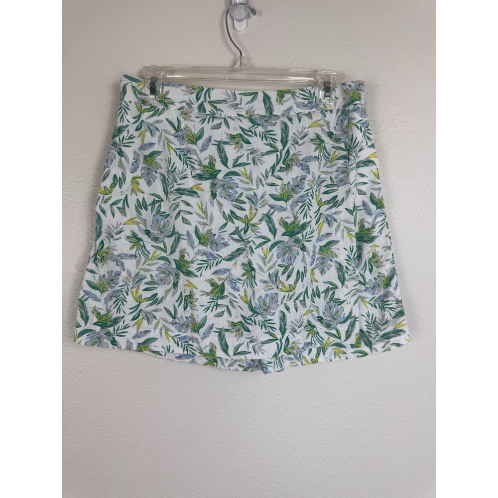 Ellen Tracy Tropical Palm Leaf Linen Blend Faux Wrap Skort Mini Green White S